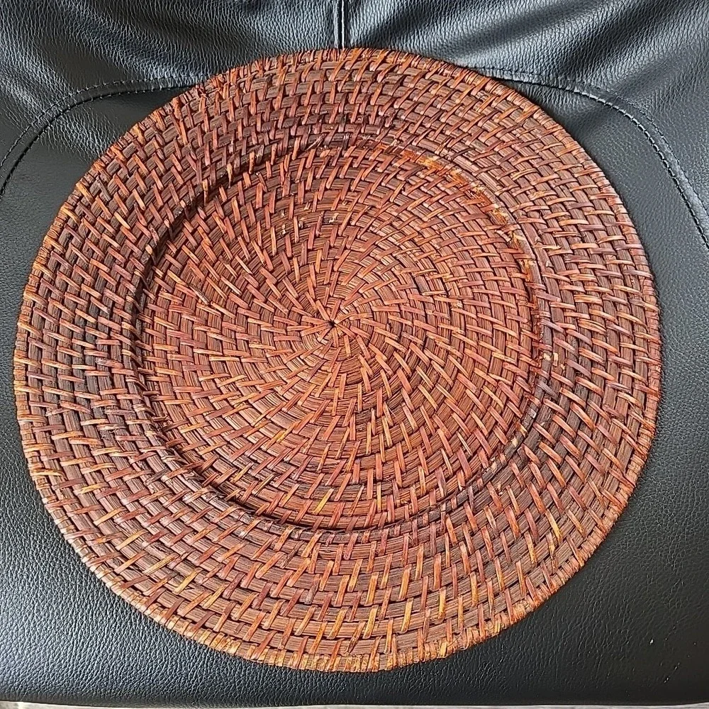 Set of 3 Woven Rattan Charger Plates Dark Brown Wicker 13 Inch Round Table Decor